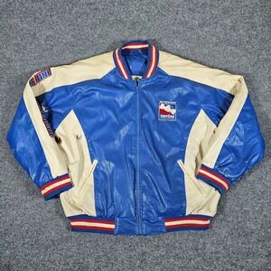 IndyCar Racing League Graphic Bomber Jacket Blue White Leather Men Size XL Flaws